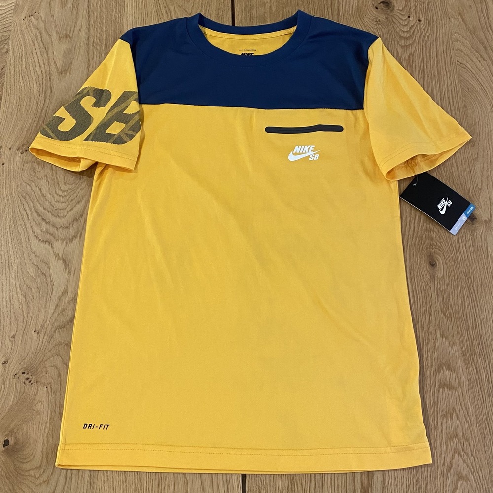 Nike SB Dri-FIT Shirt Youth L 12-13 Yellow Navy Skateboarding Zip Pocket NWT